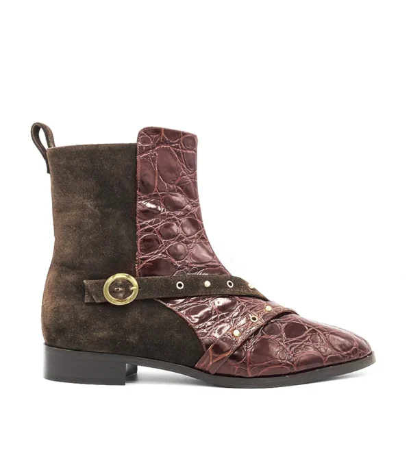 suede + crocodile print calfskin ankle boots