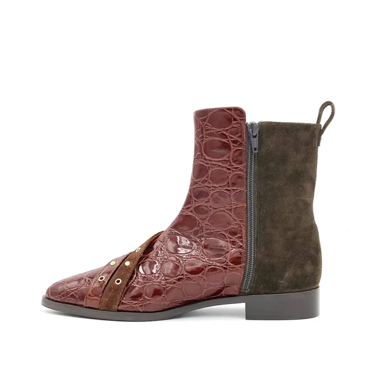 suede + crocodile print calfskin ankle boots